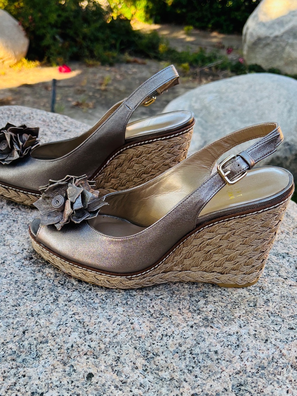Size 9 Stuart Weitzman  Brand New.  Gold Wedge Sling Back Heeled Sandals